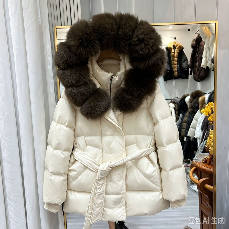 2026 Winter New Women's Mid-Length Hooded Down Jacket with Fox Fur Collar, Waist-Tie Design, Slimming and Versatile Outerwear - view 4