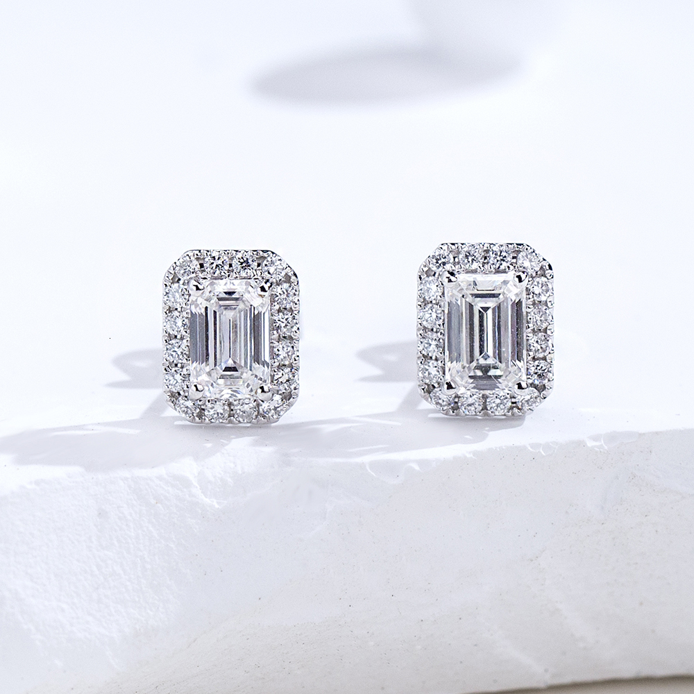 Ready to Ship MSE-907 Halo Earrings 9k White Gold 0.6ct E VS Emerald Cut Lab Grown Diamond Stud Earrings - view 3