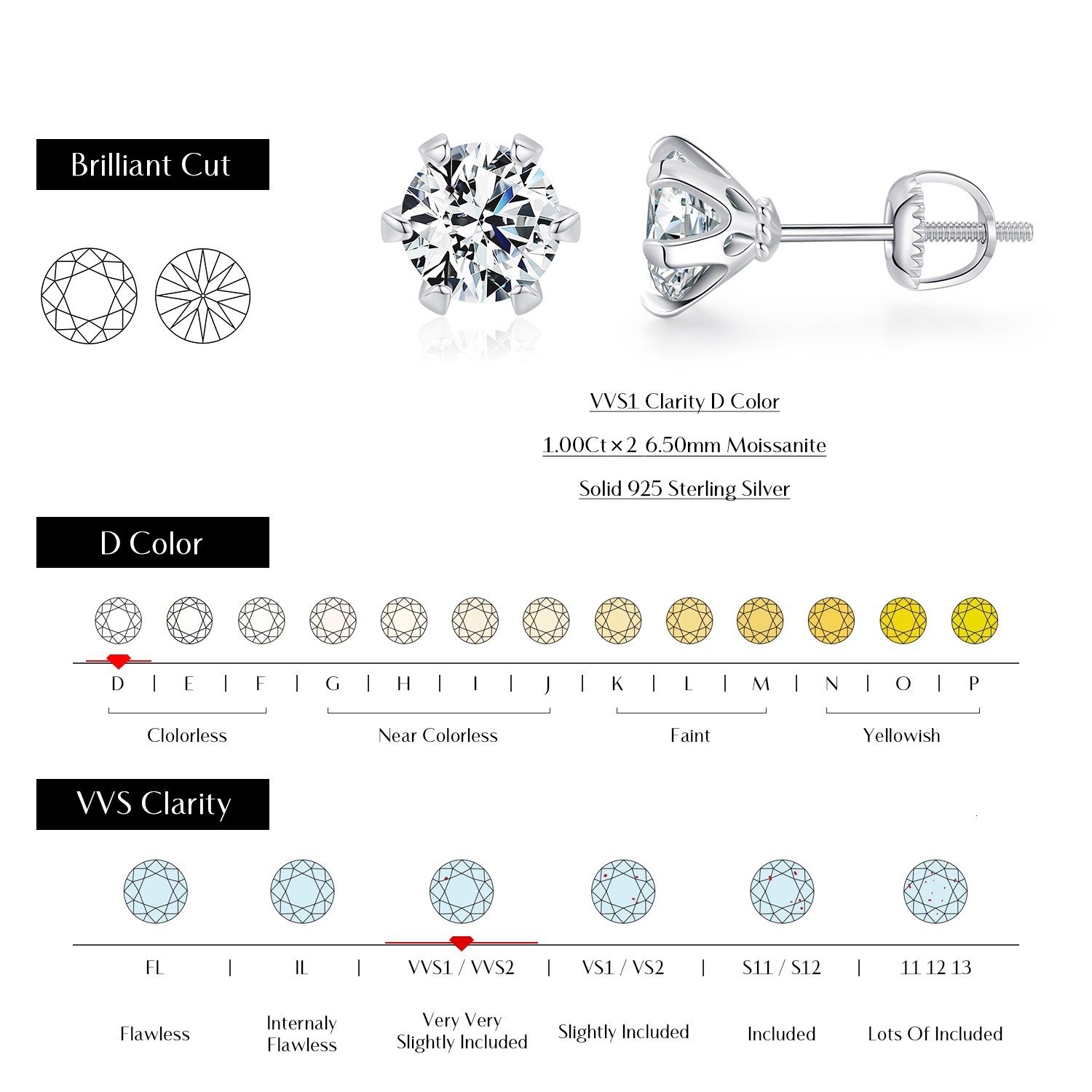 925 Sterling Silver Sparkling Wedding Platinum Plated Ear Studs for Women 1 ct D Color Moissanite Stud Earrings - view 4