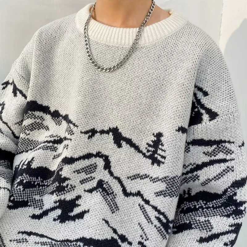 Men's Sweaters Autumn Mountain Graphic Jacquard Sweaters For Men Casual Long sleeve Knitted Pullovers Y2K Vintage Crewneck Knitwear pull homme H2