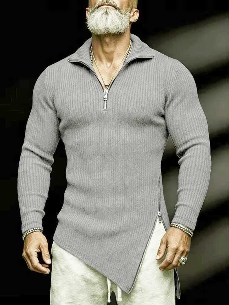 Men's Sweaters Stretch Slim Fit Knit Sweater Mens Vintage Irregular Zip-up Turn-down Collar Jumper Tops Men Spring Autumn Long sleeve Sweaters H2 - view 7