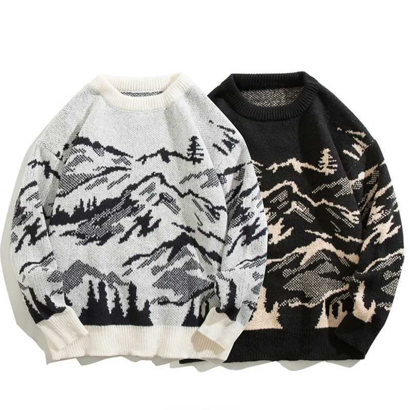 Men's Sweaters Autumn Mountain Graphic Jacquard Sweaters For Men Casual Long sleeve Knitted Pullovers Y2K Vintage Crewneck Knitwear pull homme H2 - view 5