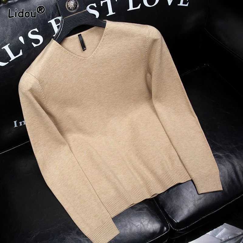 Men's Sweaters Men's 2023 Autumn and Winter Pullover V-neck Spliced Sweater Knitted Solid Color Fashion Commuter Versatile Long sleeved Tops