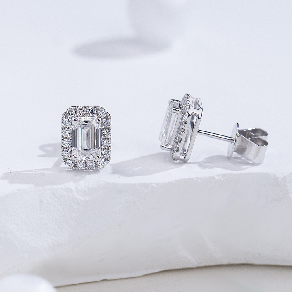 Ready to Ship MSE-907 Halo Earrings 9k White Gold 0.6ct E VS Emerald Cut Lab Grown Diamond Stud Earrings - view 4