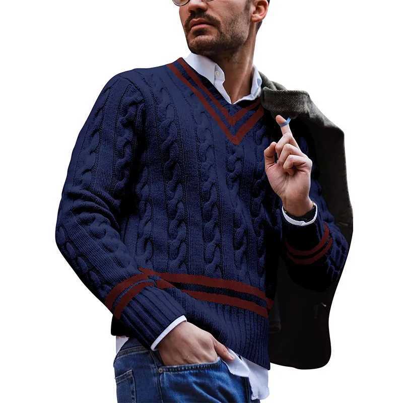 Men's Sweaters Pullover V-neck sweater men's striped color blocking knitted sweater autumn and winter fashion men's top jacket H261026 - view 6