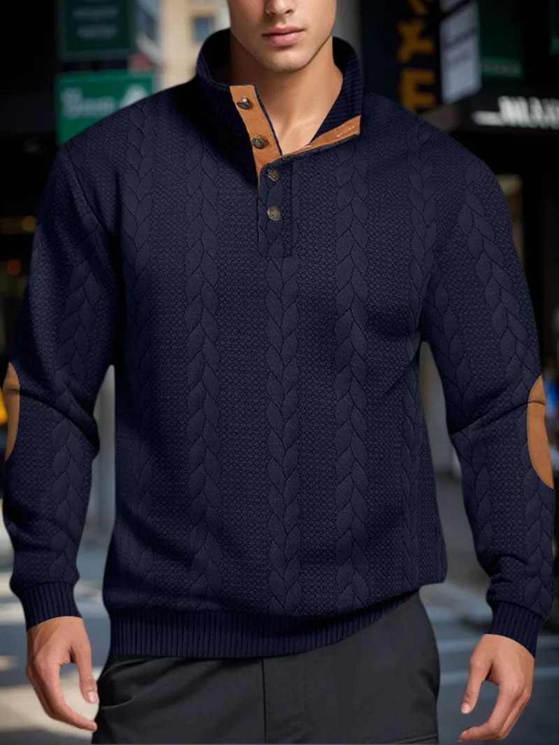 Men's Sweaters Mens Knitted Jacquard Sweaters Button Stand-up Collar Warm Pullover Sweaters Outdoor Casual Men's Long-sleeved Sweatshirt H26 - view 3