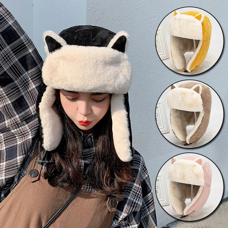 Women's Warm Trapper Trooper Winter Cap with Cat Ears Unisex Thickened Flaps Fighter Style Ski Faux Fur Hat 261022 - view 3