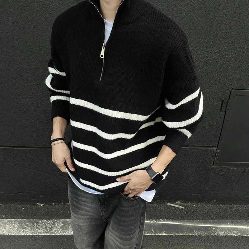 Men's Sweaters Winter Half Zipper Striped Print Men Long sleeve Stand Sweater Fashion All-match Harajuku Oversized Pullover Top Black Navy Blue H - view 3