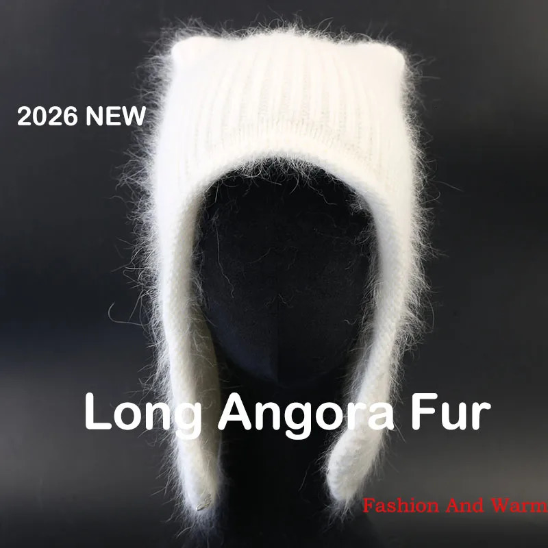 angora knitted hat rabbit fur beanies for women cold warm thick knit fluffy Earflap Russian Hat Outdoor Skiing Ushanka Trapper 261022