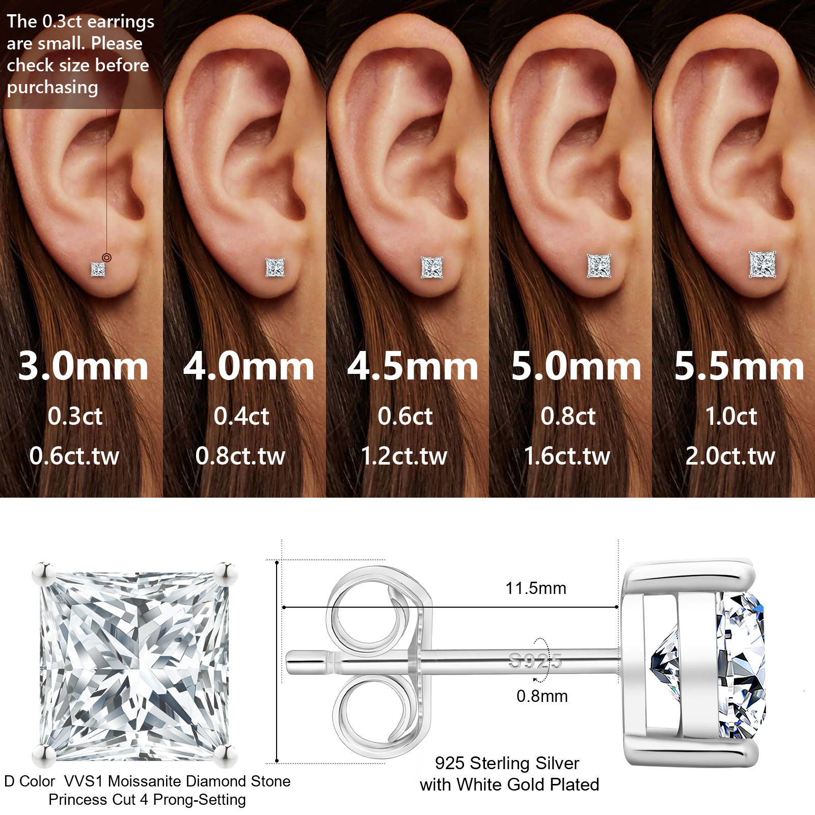 Wholesale Princess Cut VVS 1 ct Diamond 925 Sterling Silver 14K White Gold Women MEN Moissanite Square Rectangle Stud Earring - view 3
