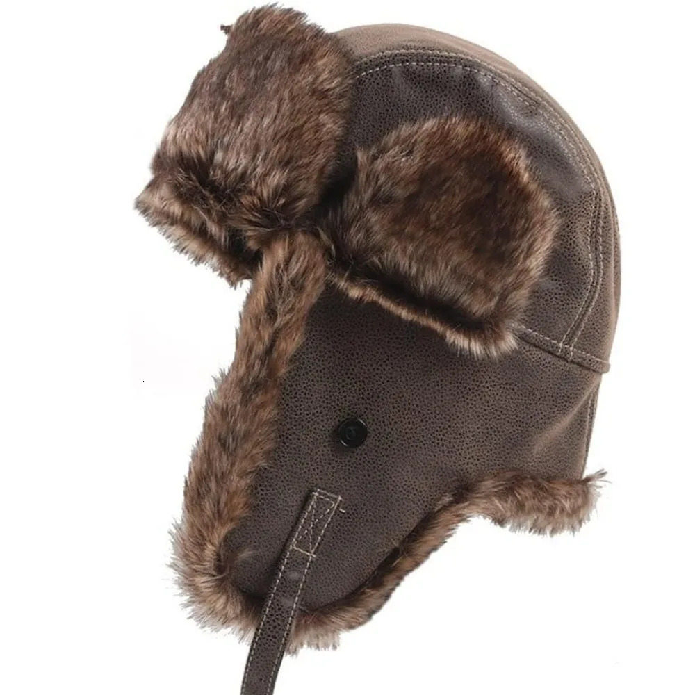 Leather Winter Trapper Hat Pilot Faux Fur Lined Caps Lei Feng Thicken Warm Ear Protection Ski Ushanka Outdoors 261022 - view 3