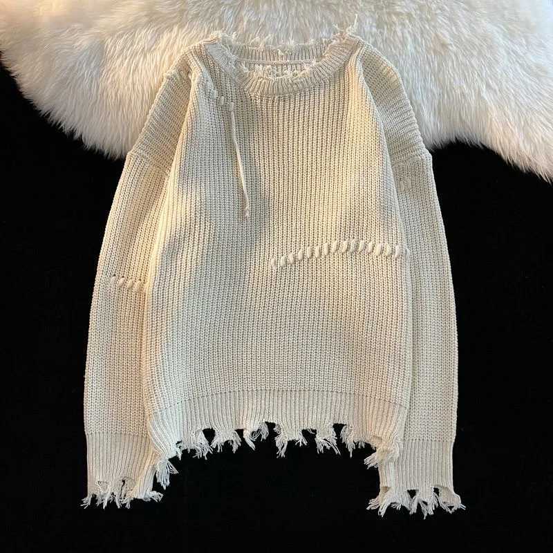 Men's Sweaters Vintage Hole Tassels Sweater Men Women Autumn Long sleeves Kint Tops Fashion Loose Knitted Pullover Couples Unisex Streetwear H261 - view 4