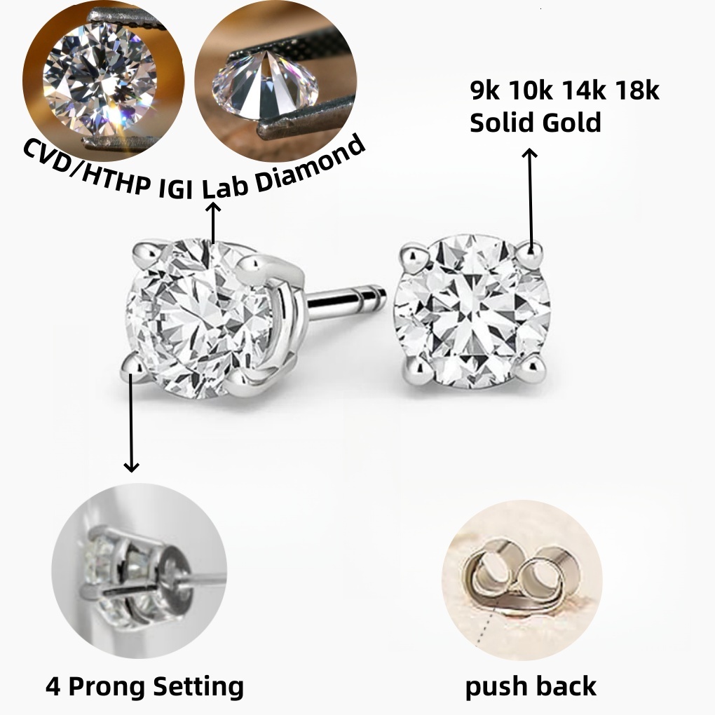 Igi Gia Certified HPHT CVD Lab Grown Made Created Diamond 14k 18k Solid Gold 4 Prong Earrings Stud Lab Grown Studs 1 2 3 Carat - view 4
