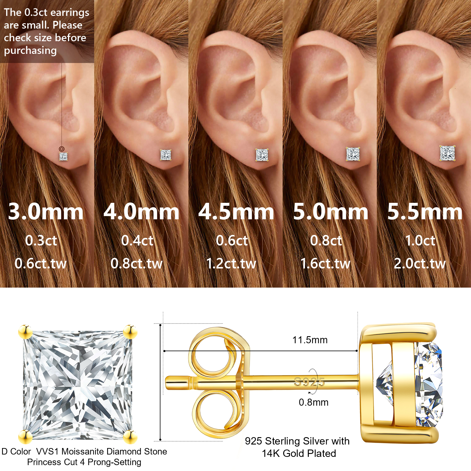 Princess Cut Moissanite Earring Stud 14K Gold Plated 925 Sterling Silver Women Men Jewelry VVS 0.6ct-2ct Square Diamond Earring - view 4