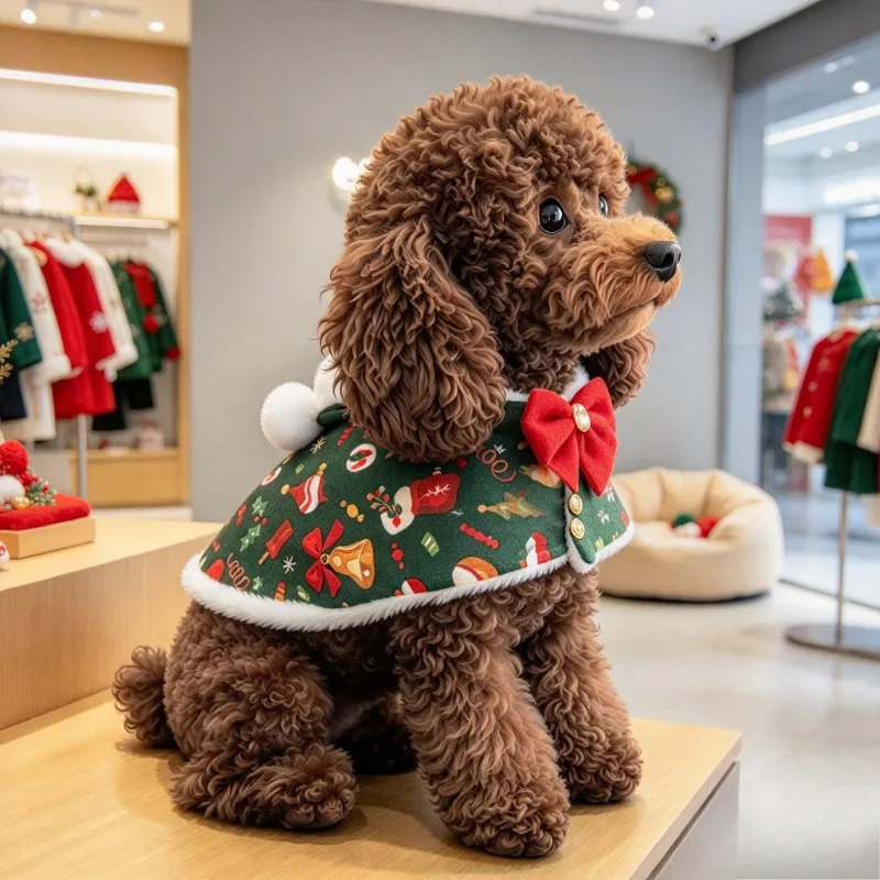 2PCS/SET Christmas Cat Dog Dress With Christmas Tree Headwear Polyester Fabric Material Green Christmas Print Fleece Headpiece 261027 - view 6