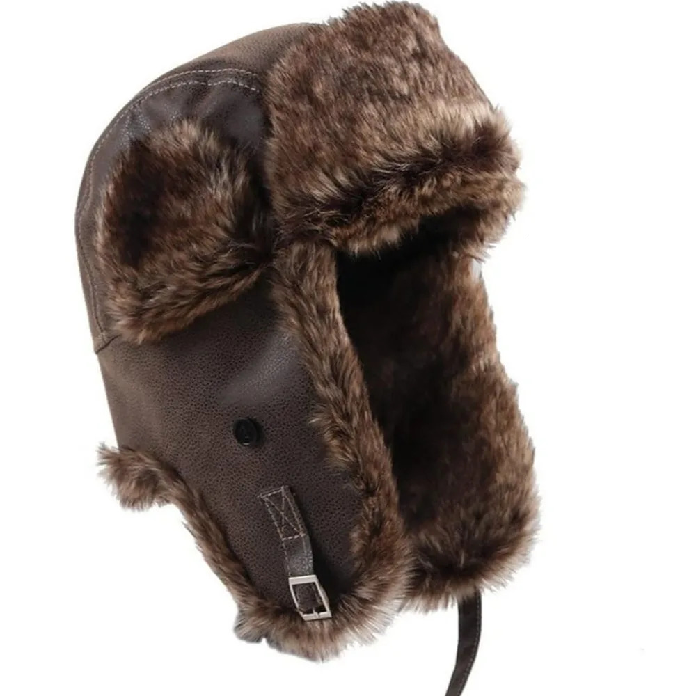 Leather Winter Trapper Hat Pilot Faux Fur Lined Caps Lei Feng Thicken Warm Ear Protection Ski Ushanka Outdoors 261022 - view 5