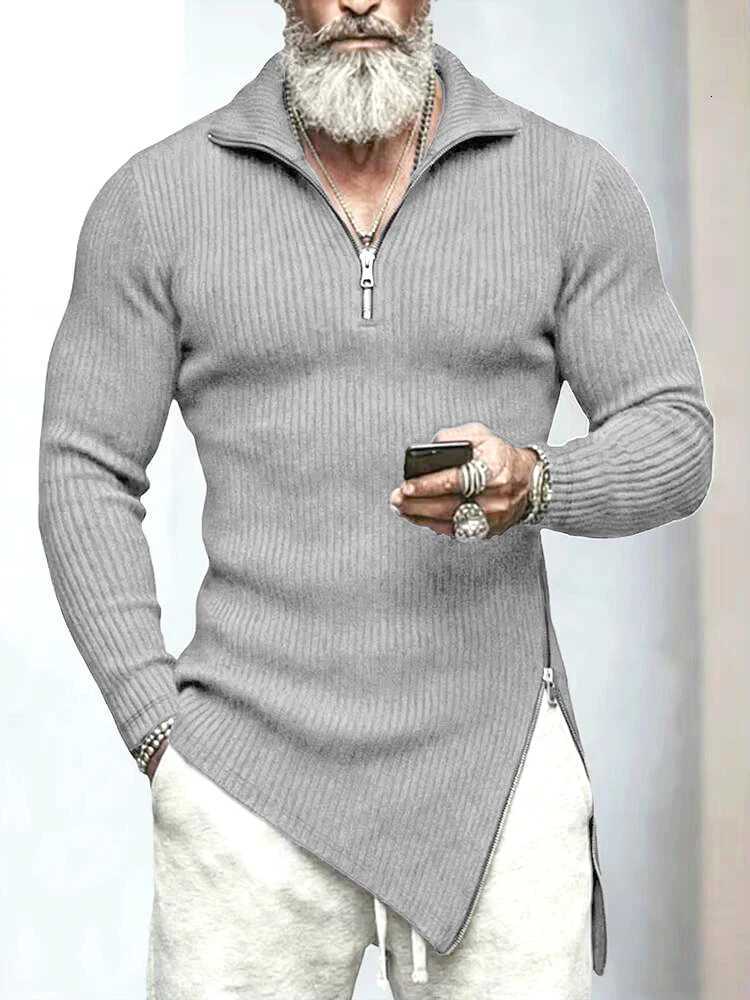 Men's Sweaters Stretch Slim Fit Knit Sweater Mens Vintage Irregular Zip-up Turn-down Collar Jumper Tops Men Spring Autumn Long sleeve Sweaters H2 - view 6