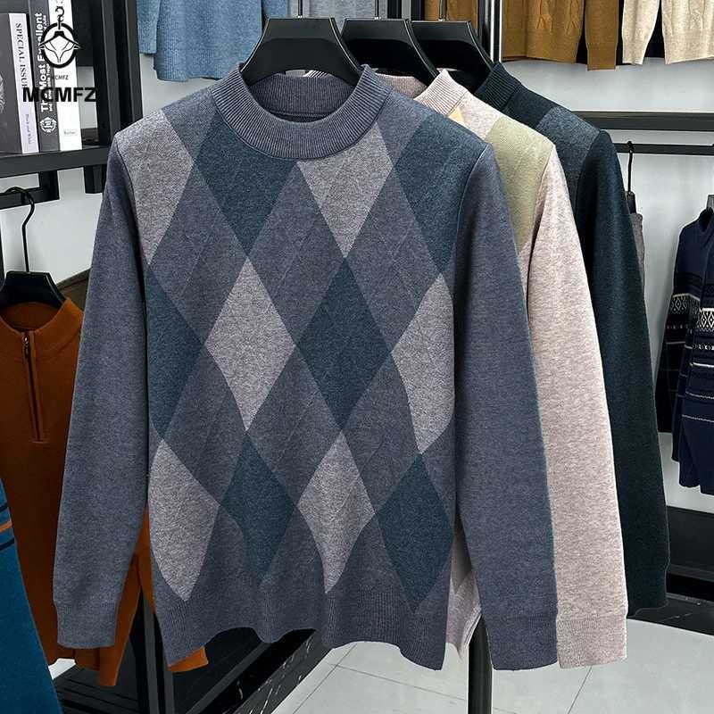 Men's Sweaters Winter Warm New Men's Plaid Half High Collar Long sleeve Sweater Knitted Sweater Fashion Casual Versatile Top H261026 - view 6