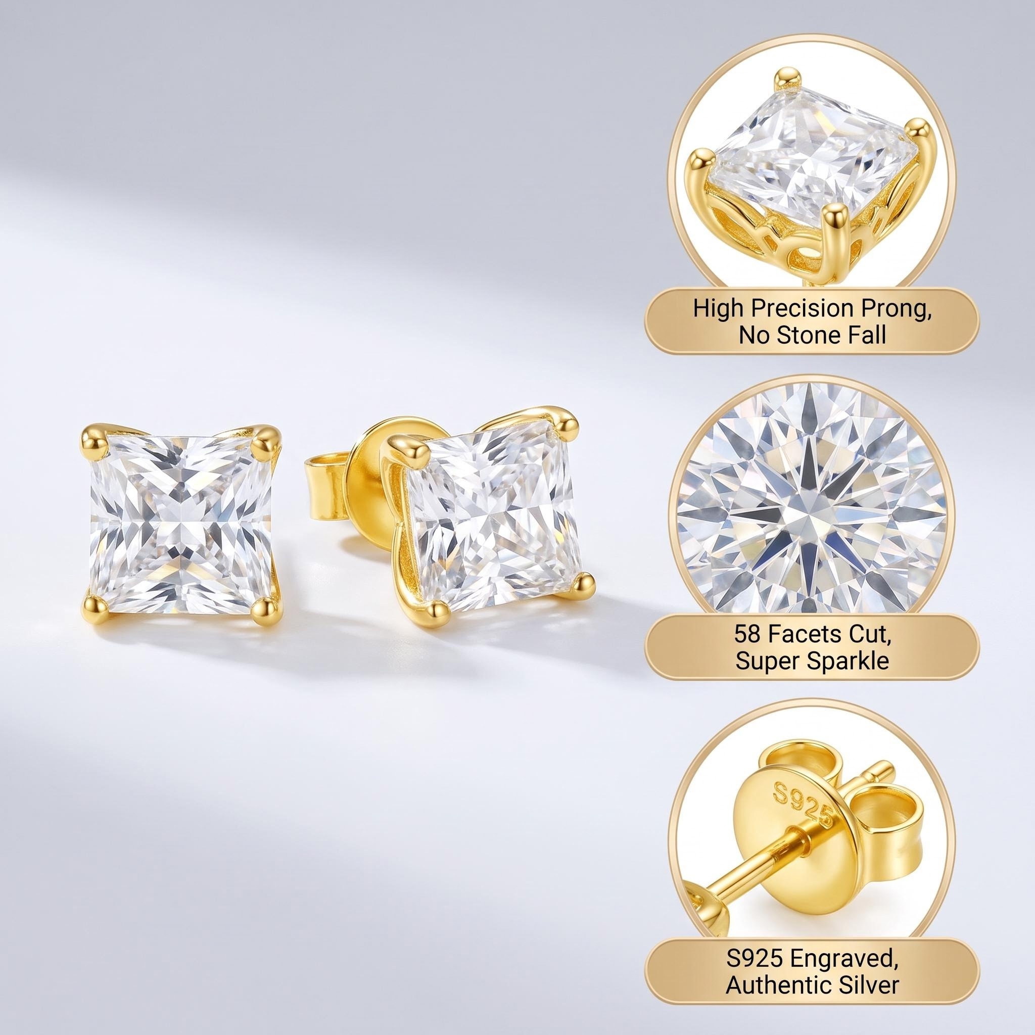 Cross-border Bestseller New D-color Princess-cut Moissanite S925 Sterling Silver Stud Earrings Women Exuding Light Luxury - view 6