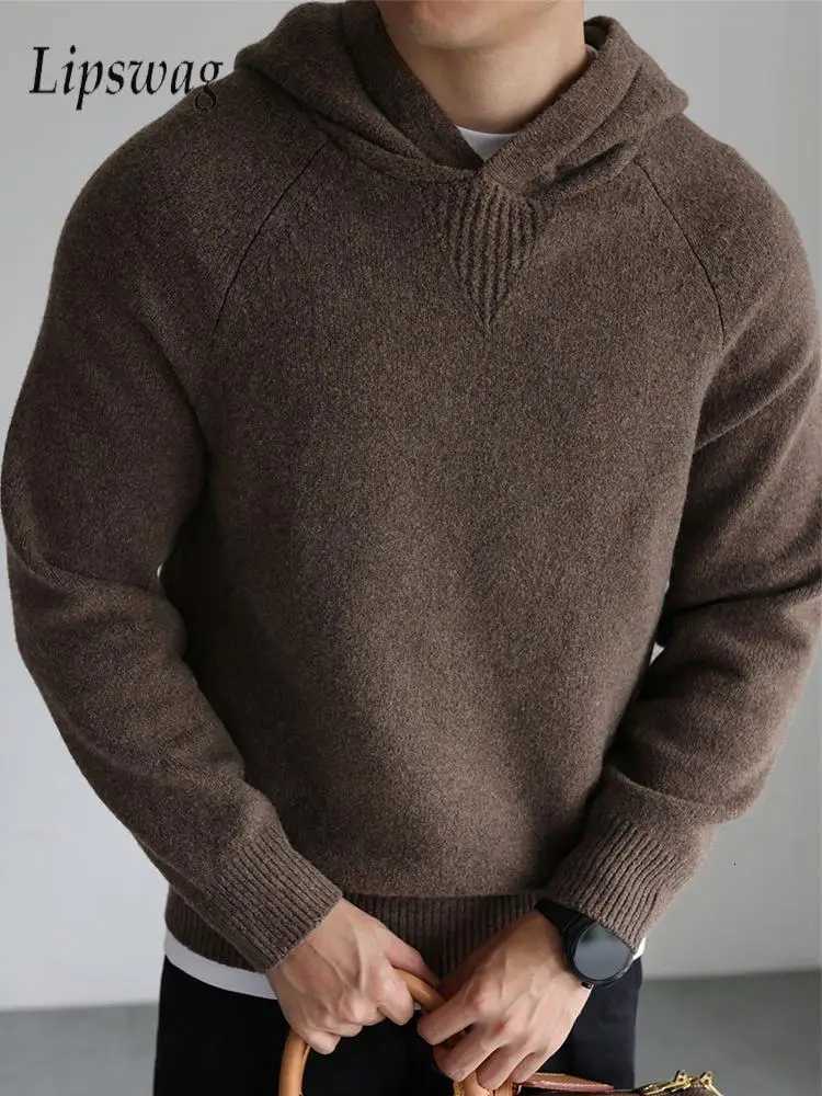 Men's Sweaters Classic Mens Solid Color Hooded Sweaters Vintage Slim Fit Elastic Knitting Hoodie Men Jumper Tops Spring Streetwear Knit Hoodies H