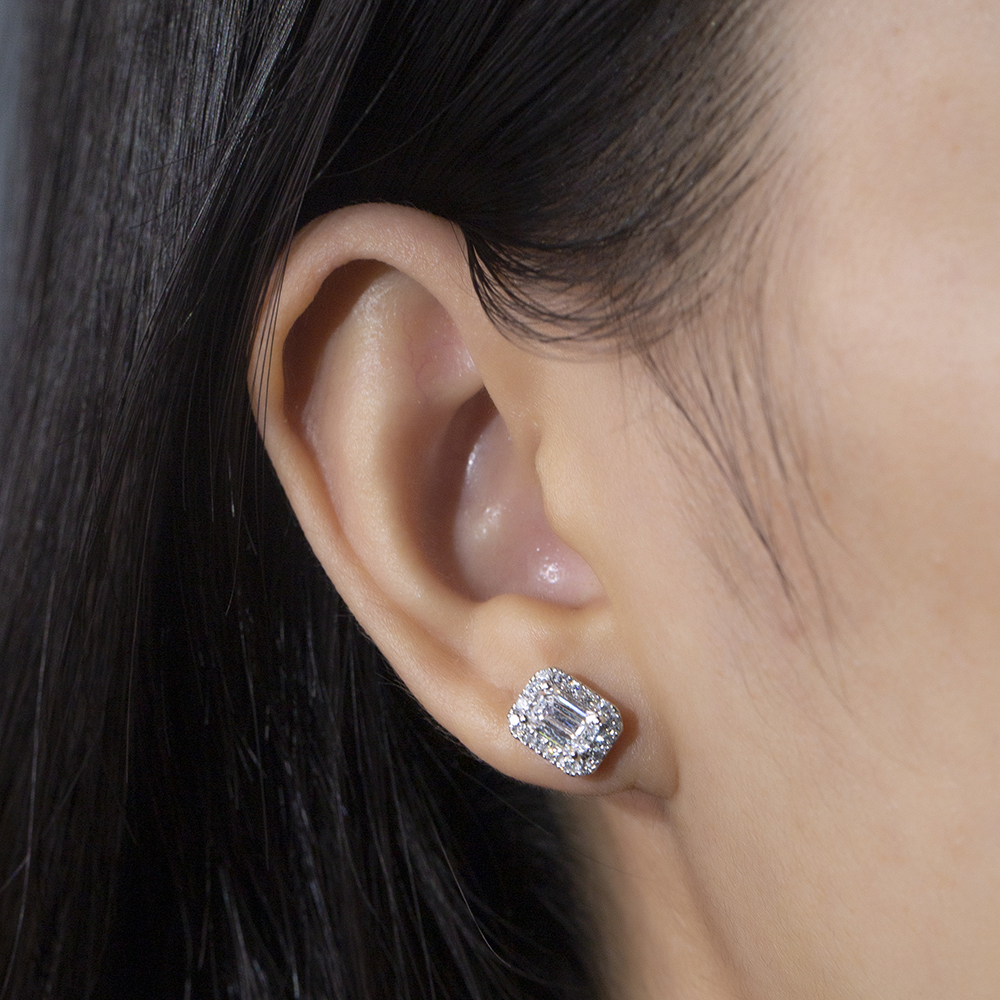 Ready to Ship MSE-907 Halo Earrings 9k White Gold 0.6ct E VS Emerald Cut Lab Grown Diamond Stud Earrings - view 5