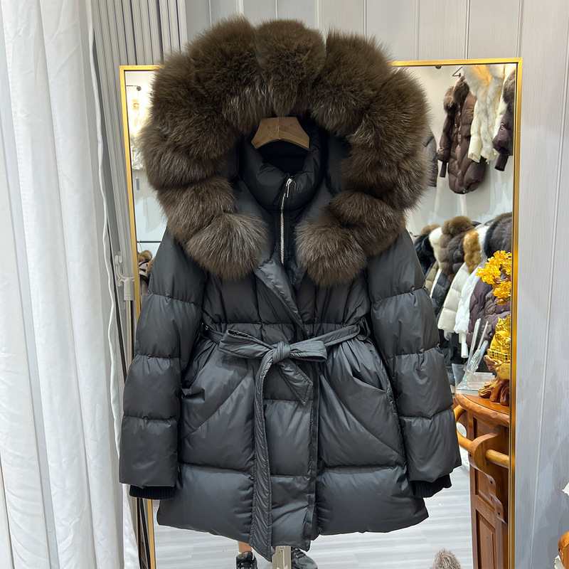 2026 Winter New Women's Mid-Length Hooded Down Jacket with Fox Fur Collar, Waist-Tie Design, Slimming and Versatile Outerwear - view 3