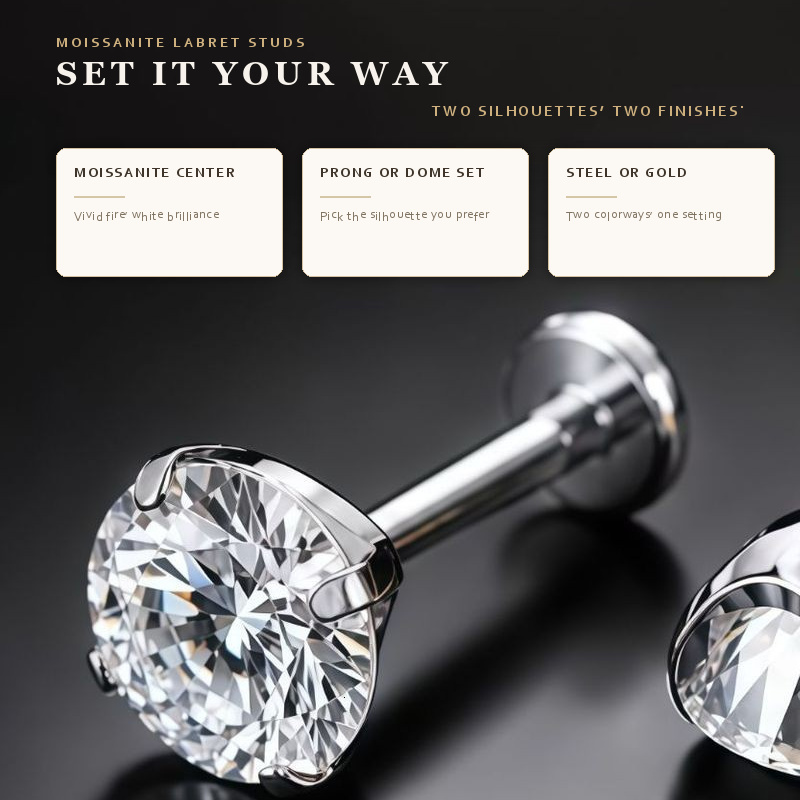 Getta Astm-f136 Titanium Titane PVD Silver Gold Labret Surface Piercing Flatback Moissanite Earrings Flat Back Men's Earrings - view 4