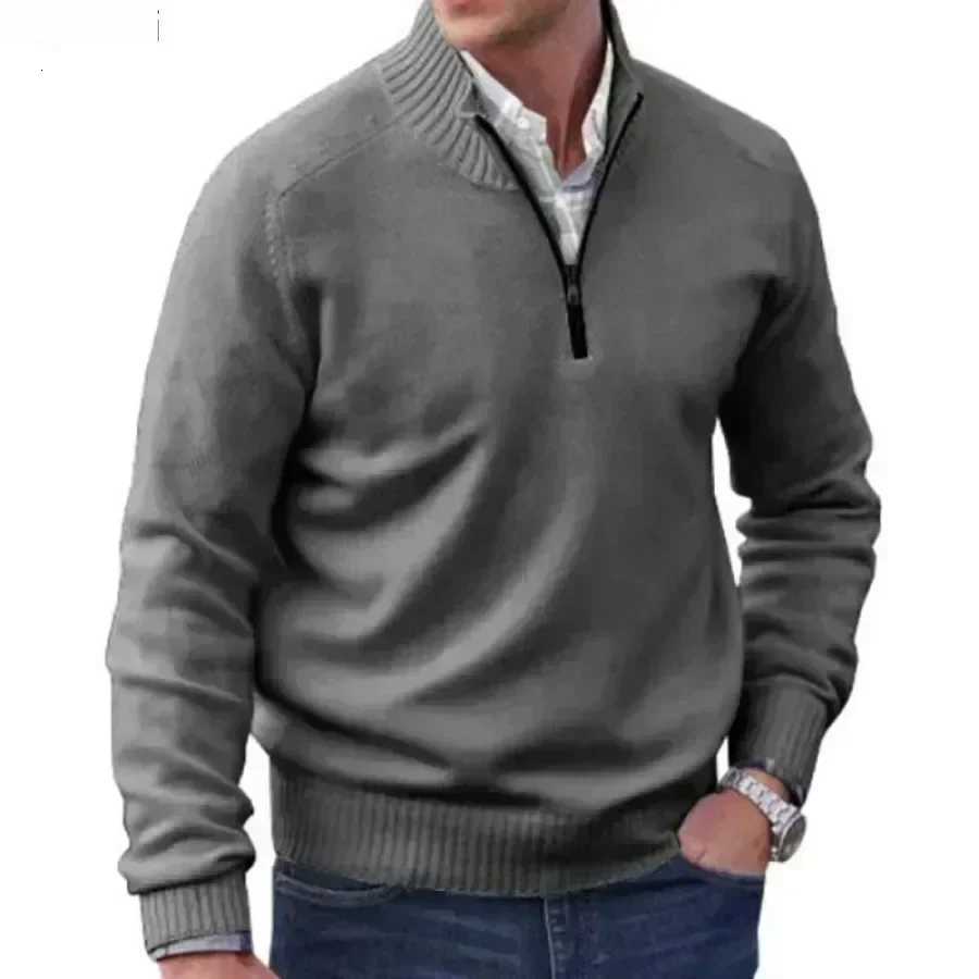 Men's Sweaters Men's Warm Zipper Sweaters Autumn Winter Solid Stand Collar Knitted Pullovers Wool Knitwear Casual Comfort Sweaters for Men H - view 5