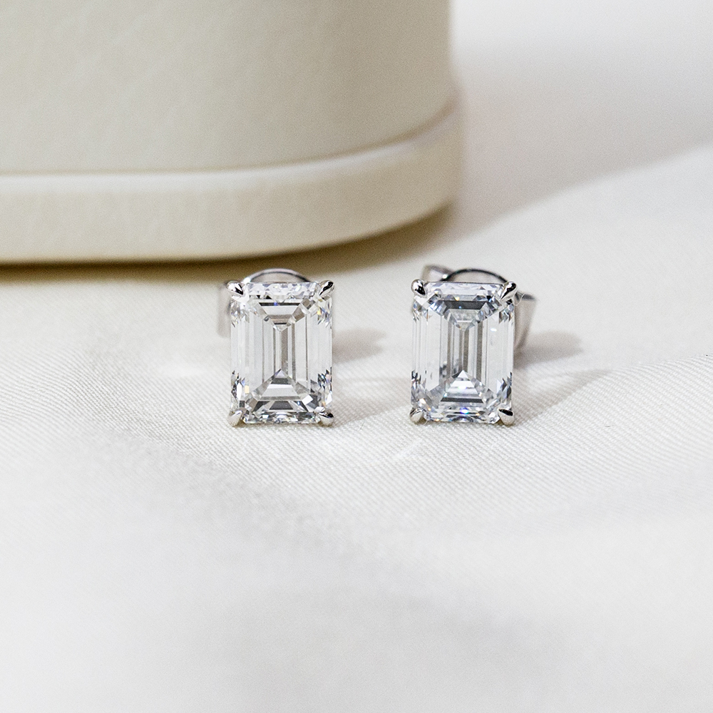 Ready to Ship MSE-368 Classic Four Claw 9k Solid Gold 1ct Emerald Lab Grown Diamond Stud Earrings - view 3