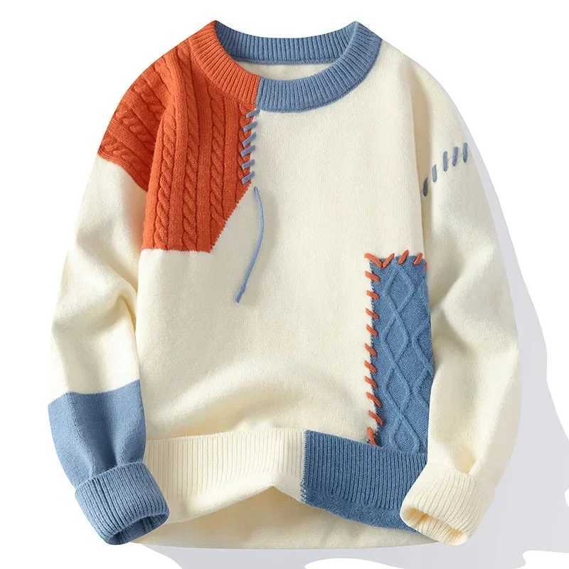 Men's Sweaters Men Knitted Jumpers Patchwork Sweater O Neck Pullovers Spliced Long sleeve Jumper Slight Strech Standard Wool 2024 Casual H261026 - view 3