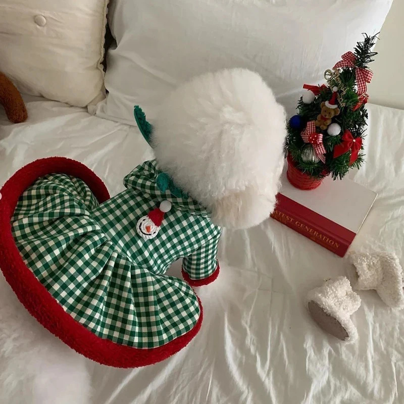 Christmas Snowman Teddy Dress Pet Warm Hoodie for Autumn and Winter Checked Clothes for Small Dogs Winter Bichon Skirt 261027 - view 3