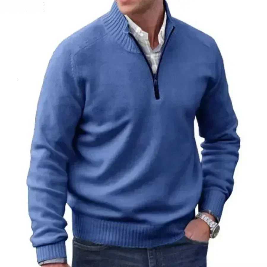 Men's Sweaters Men's Warm Zipper Sweaters Autumn Winter Solid Stand Collar Knitted Pullovers Wool Knitwear Casual Comfort Sweaters for Men H - view 3