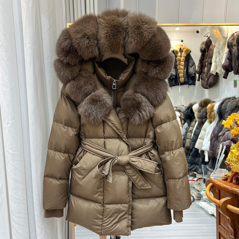 2026 Winter New Women's Mid-Length Hooded Down Jacket with Fox Fur Collar, Waist-Tie Design, Slimming and Versatile Outerwear - view 5