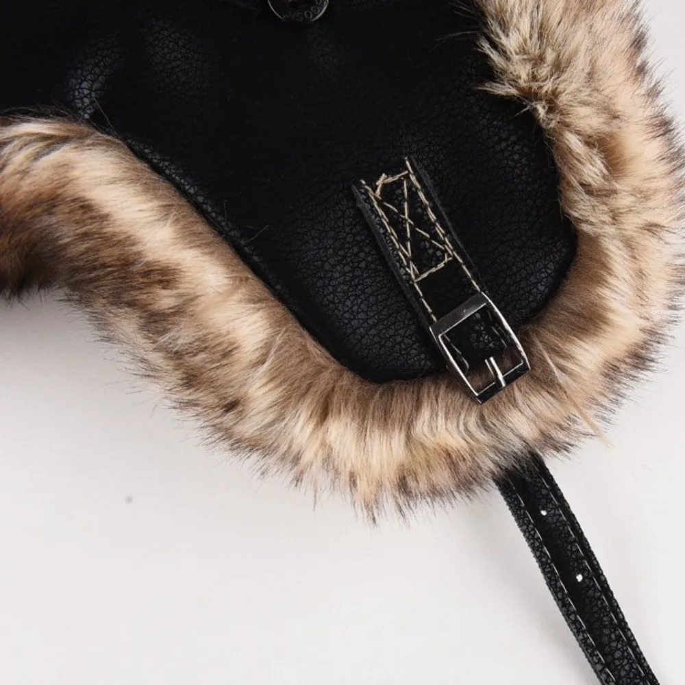 Leather Winter Trapper Hat Pilot Faux Fur Lined Caps Lei Feng Thicken Warm Ear Protection Ski Ushanka Outdoors 261022 - view 4