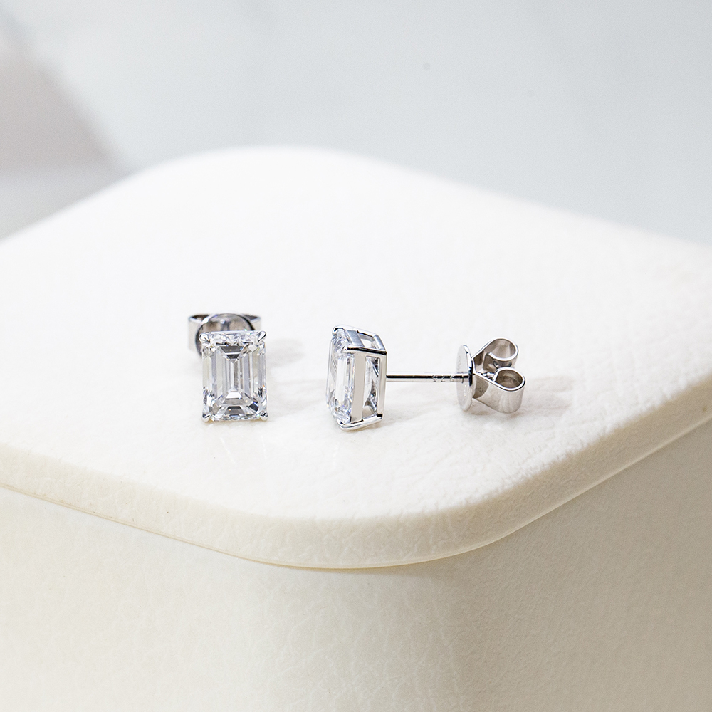 Ready to Ship MSE-368 Classic Four Claw 9k Solid Gold 1ct Emerald Lab Grown Diamond Stud Earrings - view 4