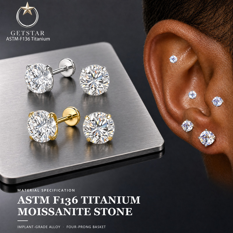 Getta Astm-f136 Titanium Titane PVD Silver Gold Labret Surface Piercing Flatback Moissanite Earrings Flat Back Men's Earrings - view 6
