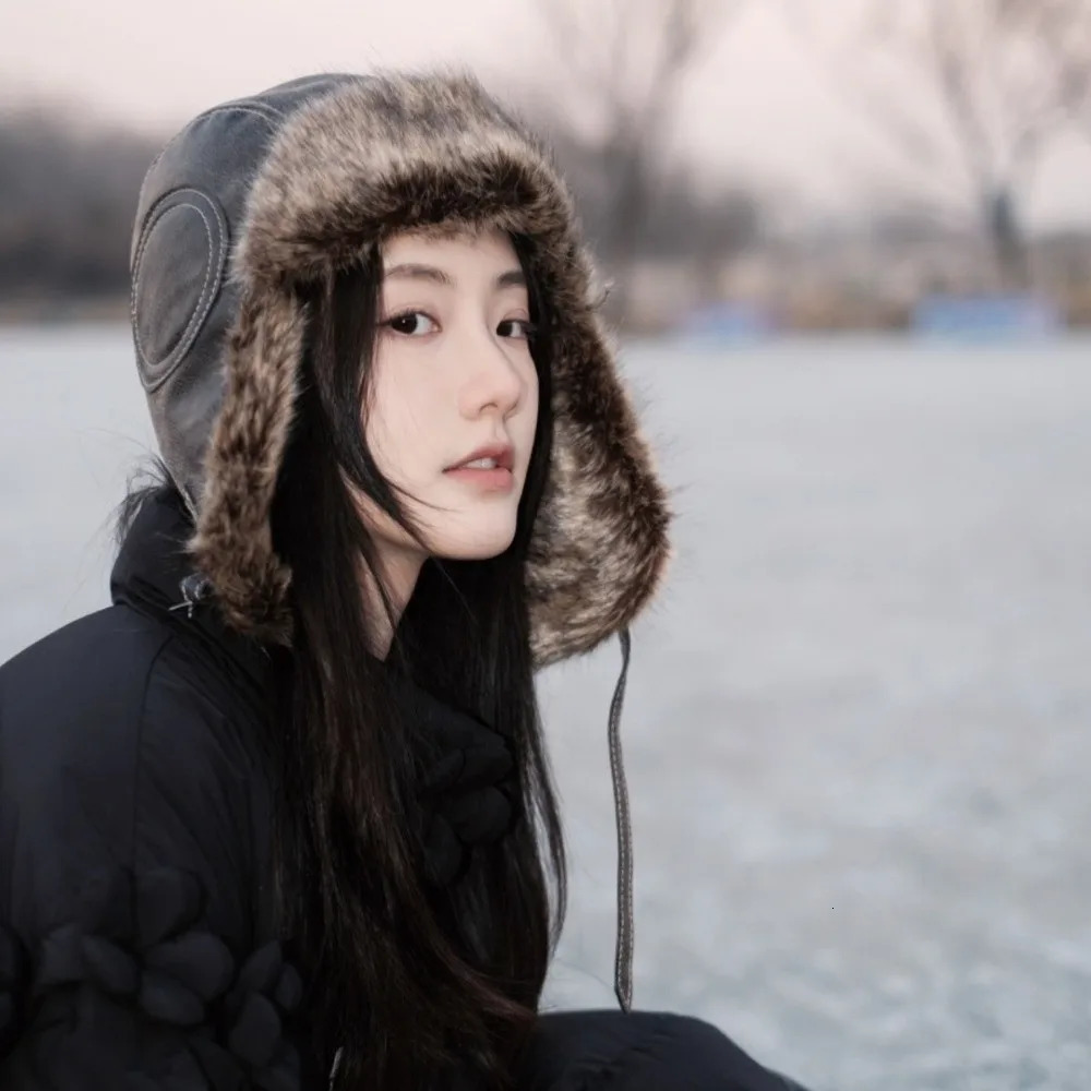 Women Men Leather Winter Trapper Hat Faux Fur Lined Ear Protection Ski Ushanka Windproof Thicken Warm Snow Cap With Flap 261022