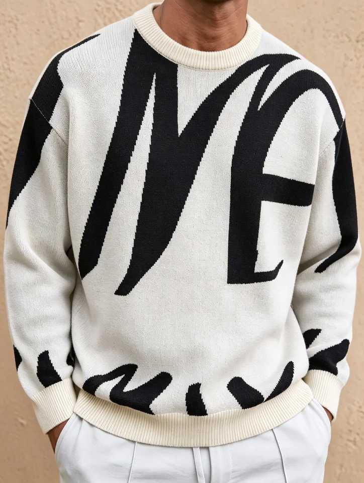 Men's Sweaters Men Crew Neck Sweater Abstract Letter Jacquard Knit Pullover Loose Drop Shoulder Long sleeve Streetwear Men Knitwear H261026