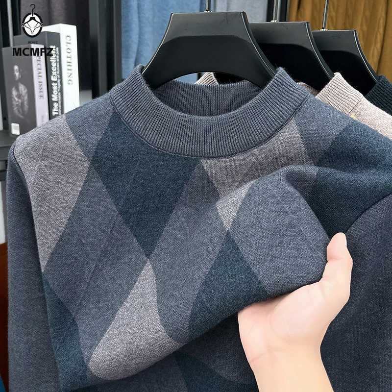 Men's Sweaters Winter Warm New Men's Plaid Half High Collar Long sleeve Sweater Knitted Sweater Fashion Casual Versatile Top H261026 - view 4