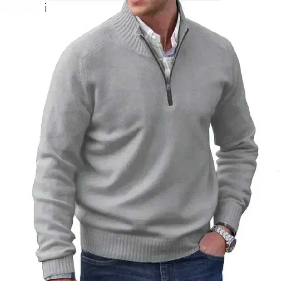 Men's Sweaters Men's Warm Zipper Sweaters Autumn Winter Solid Stand Collar Knitted Pullovers Wool Knitwear Casual Comfort Sweaters for Men H - view 4
