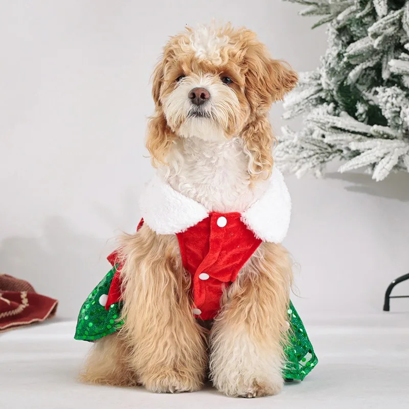 Cats Christmas Dress Fashion Santa Claus Dog Skirt Soft Warm Pet Christmas Costume Dog Holiday Party Dress Up Clothes Red 261027 - view 3