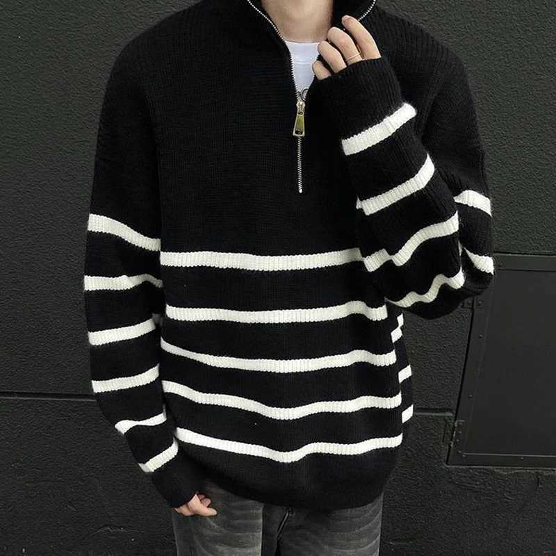 Men's Sweaters Winter Half Zipper Striped Print Men Long sleeve Stand Sweater Fashion All-match Harajuku Oversized Pullover Top Black Navy Blue H - view 6