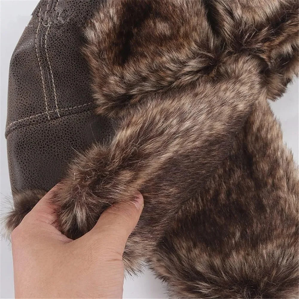 Leather Winter Trapper Hat Pilot Faux Fur Lined Caps Lei Feng Thicken Warm Ear Protection Ski Ushanka Outdoors 261022 - view 6