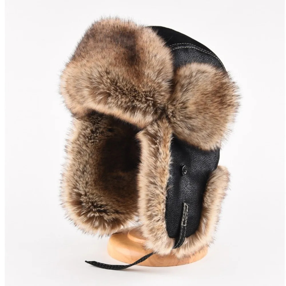 Leather Winter Trapper Hat Pilot Faux Fur Lined Caps Lei Feng Thicken Warm Ear Protection Ski Ushanka Outdoors 261022