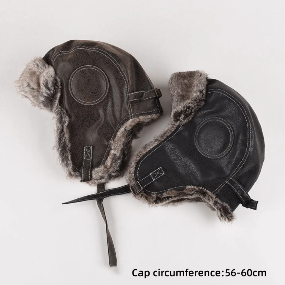 Women Men Leather Winter Trapper Hat Faux Fur Lined Ear Protection Ski Ushanka Windproof Thicken Warm Snow Cap With Flap 261022 - view 7