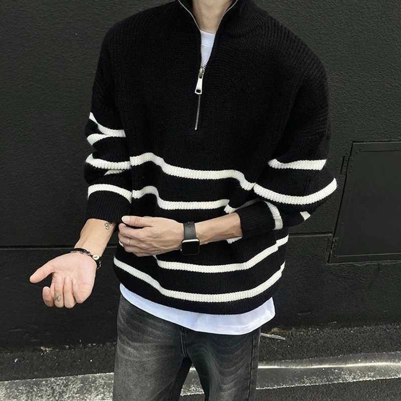 Men's Sweaters Winter Half Zipper Striped Print Men Long sleeve Stand Sweater Fashion All-match Harajuku Oversized Pullover Top Black Navy Blue H - view 7