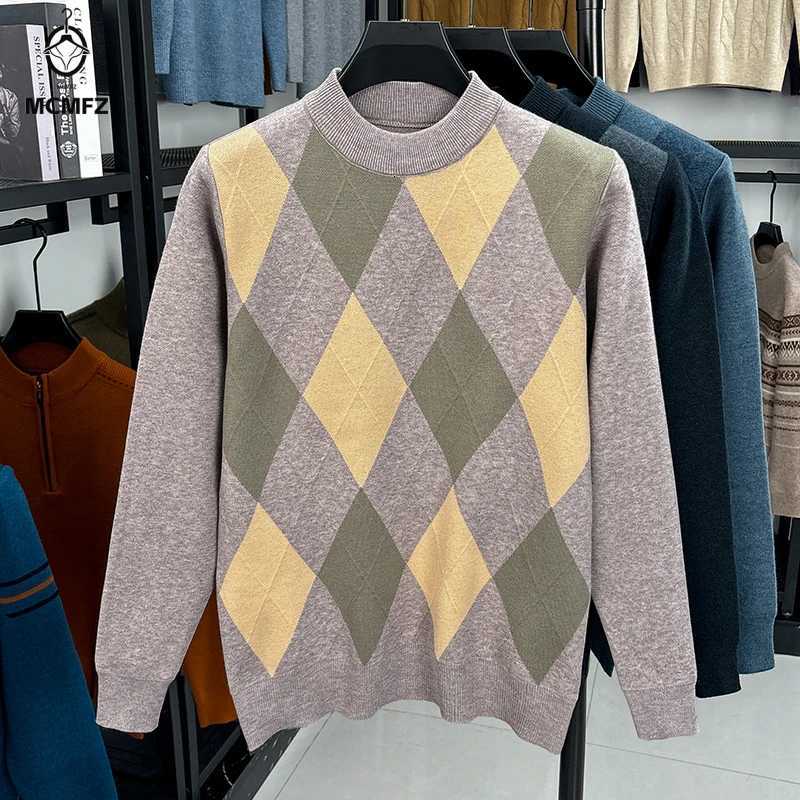Men's Sweaters Winter Warm New Men's Plaid Half High Collar Long sleeve Sweater Knitted Sweater Fashion Casual Versatile Top H261026 - view 7