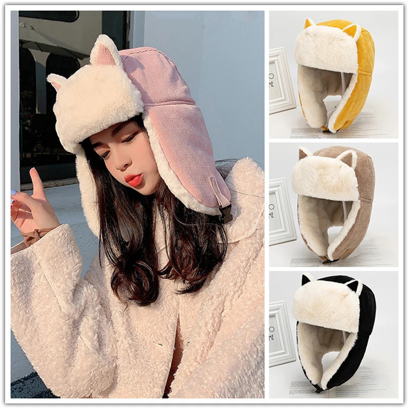 Women's Warm Trapper Trooper Winter Cap with Cat Ears Unisex Thickened Flaps Fighter Style Ski Faux Fur Hat 261022 - view 4