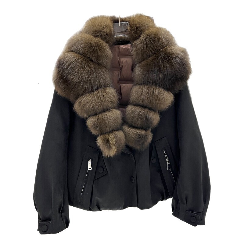 2026 autumn/winter new collection: stylish versatile short down jacket for women, featuring a large faux collar made of natural fox fur and suede - view 6