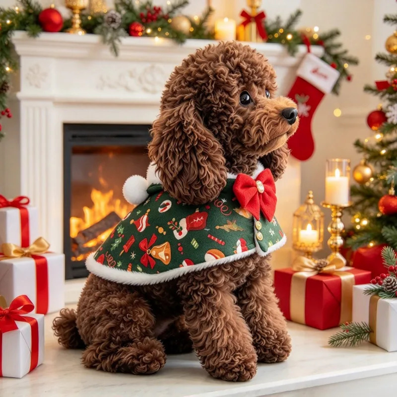 2PCS/SET Christmas Cat Dog Dress With Christmas Tree Headwear Polyester Fabric Material Green Christmas Print Fleece Headpiece 261027 - view 4